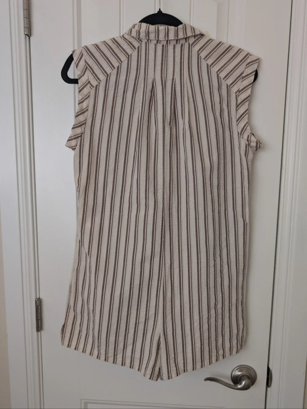 Sleeveless Striped Button-Front Cotton Romper in Beige and Brown S